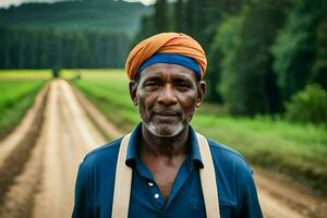 an african man wearing a turban stands in the middle of a dirt road. AI-Generated photo