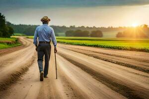 a man walking down a dirt road with a cane. AI-Generated photo