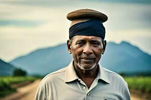 an old man wearing a hat on a dirt road. AI-Generated photo