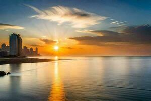 the sun sets over the ocean and buildings in the background. AI-Generated photo