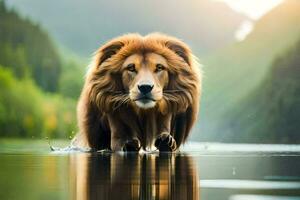 un león caminando a través de un lago en el bosque. generado por ai foto