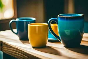 colorful coffee mugs on a table. AI-Generated photo