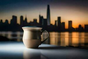 a coffee cup sits on a table in front of a city skyline. AI-Generated photo