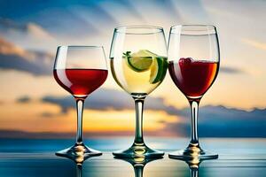 three glasses of wine with a sunset in the background. AI-Generated photo