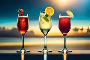 three glasses of different drinks with a sunset in the background. AI-Generated photo