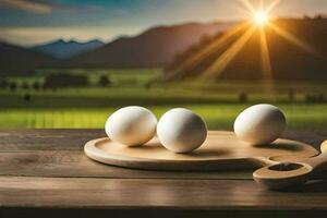 eggs on a cutting board with a knife and a sun in the background. AI-Generated photo