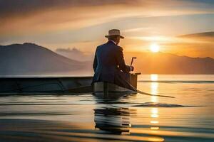 un hombre en un traje y sombrero sentado en un barco a puesta de sol. generado por ai foto