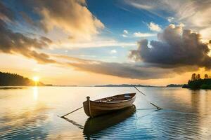 un barco en el agua a puesta de sol. generado por ai foto