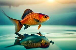 a fish is reflected in the water with the sun in the background. AI-Generated photo