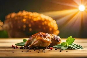 grilled chicken on a wooden table with spices. AI-Generated photo