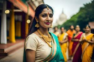 un mujer en tradicional indio atuendo. generado por ai foto