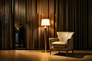 a chair and lamp in a room with wooden walls. AI-Generated photo