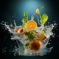 Water splash flying through the air food photography generative ai photo