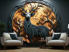 resumen moderno 3d interior mural pared Arte oscuro verde y dorado bosque árboles, ciervo animal fauna silvestre con aves, dorado luna, y olas montañas generativo ai foto