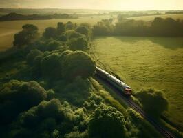 un aéreo ver de un tren paso mediante un lozano campo generativo ai foto