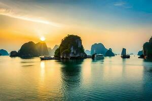 el Dom conjuntos terminado el agua en halong bahía, Vietnam. generado por ai foto