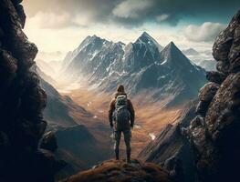 A hiker standing on a rocky ledge, looking out at a vast mountain range generative ai photo