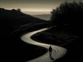 un silueta de un persona caminando a lo largo un devanado la carretera generativo ai foto