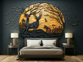 Abstract modern 3d interior mural wall art dark green and golden forest trees, deer animal wildlife with birds, golden moon, and waves mountains generative ai photo