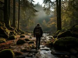 un mochilero excursionismo mediante un denso bosque, luz de sol transmisión mediante el arboles generativo ai foto