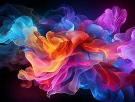 Abstract multicolored spreading bright Neon lighted smoke texture background generative ai photo