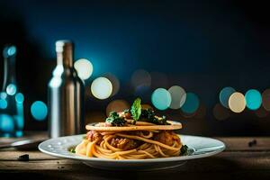 spaghetti with meat and vegetables on a plate. AI-Generated photo