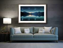 un sorprendentes pared Arte fotografía capturar el belleza de un estrellado noche cielo encima un sereno lago generativo ai foto
