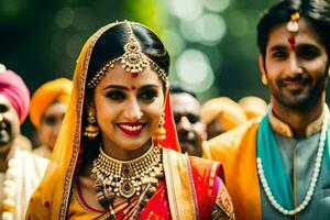 a bride and groom in traditional indian attire. AI-Generated photo