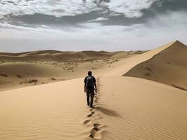 A panoramic shot of a vast desert landscape with a lone traveler trekking through the sand generative ai photo