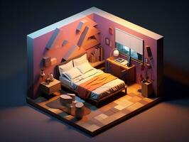 Low-poly isometric aesthetic bedroom, small 3D room with RGB lighting generative ai photo