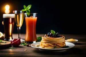 un plato de espaguetis con un bebida y un vaso de jugo. generado por ai foto