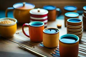 many colorful cups and bowls sit on a table. AI-Generated photo