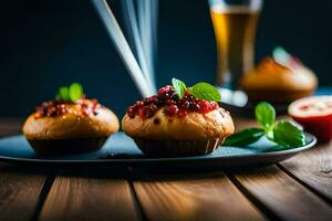 two muffins with pomegranate on a plate. AI-Generated photo