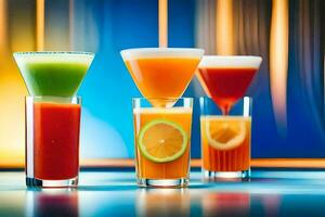 four different colored drinks in glasses. AI-Generated photo