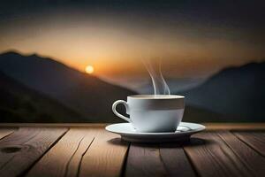 a cup of coffee on a wooden table with mountains in the background. AI-Generated photo