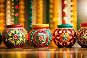 colorful diyas are lined up in a row. AI-Generated photo