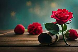red roses on a wooden table. AI-Generated photo
