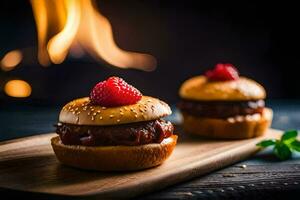 two hamburgers on a wooden board with a fire in the background. AI-Generated photo