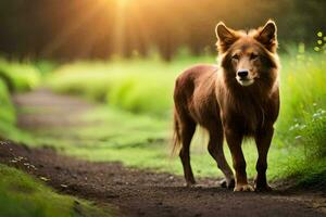 un perro es en pie en un suciedad la carretera en frente de un campo. generado por ai foto