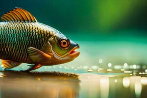 un pescado es en pie en el agua con sus boca abierto. generado por ai foto