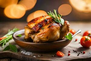 a chicken on a wooden plate with herbs and tomatoes. AI-Generated photo