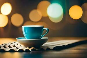 a cup of coffee on a wooden table with bokeh lights. AI-Generated photo