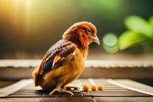 un pájaro sentado en parte superior de un de madera mesa. generado por ai foto