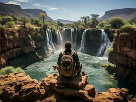 A traveler sitting at the edge of a breathtaking cliff, overlooking a vast canyon below, with a serene waterfall cascading into a crystal-clear pool generative ai photo