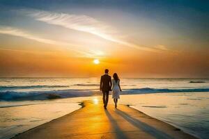 a couple walks on the beach at sunset. AI-Generated photo