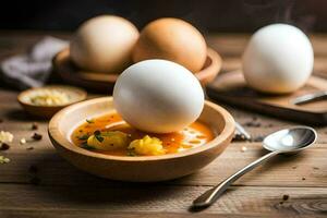 an egg is being lifted into a bowl with a spoon. AI-Generated photo
