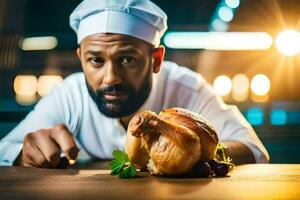 a chef is holding a chicken on a table. AI-Generated photo