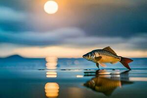 a fish is standing on the beach at sunset. AI-Generated photo