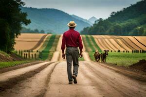 a man walking down a dirt road with cows in the background. AI-Generated photo