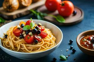 spaghetti with tomatoes and basil. AI-Generated photo